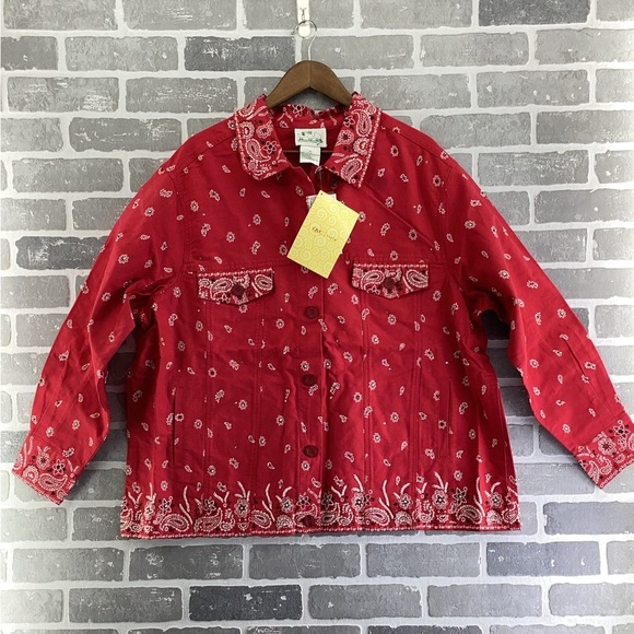 Quacker Factory Red Denim Paisley Jacket Beaded Sparkle Bandana Western Size 2X - Picture 1 of 9